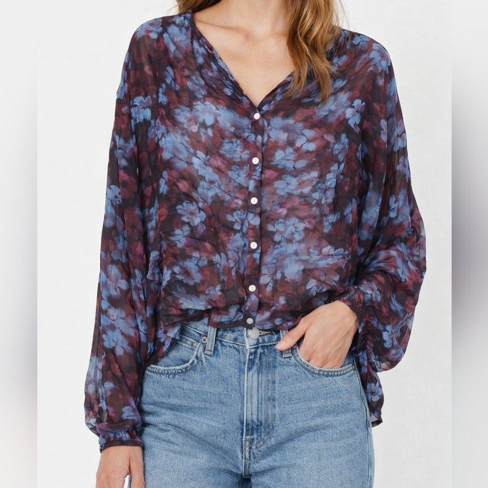 Cloth & Stone Floral Sheer Button Front Boho Blouse Size Small